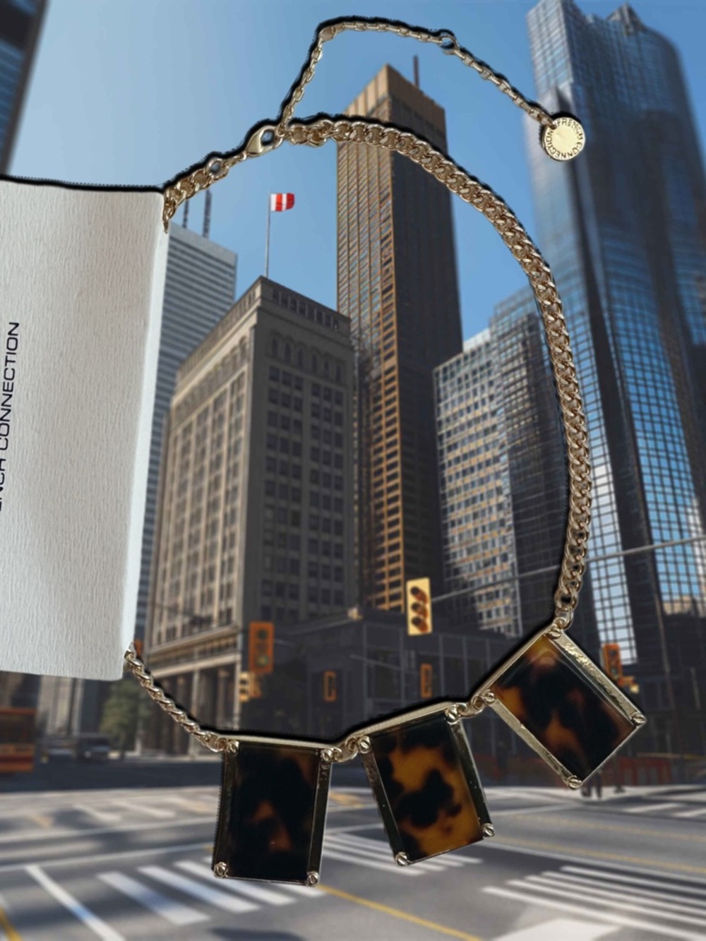 French Connection Gold Chain Necklace with Tortoiseshell Panels